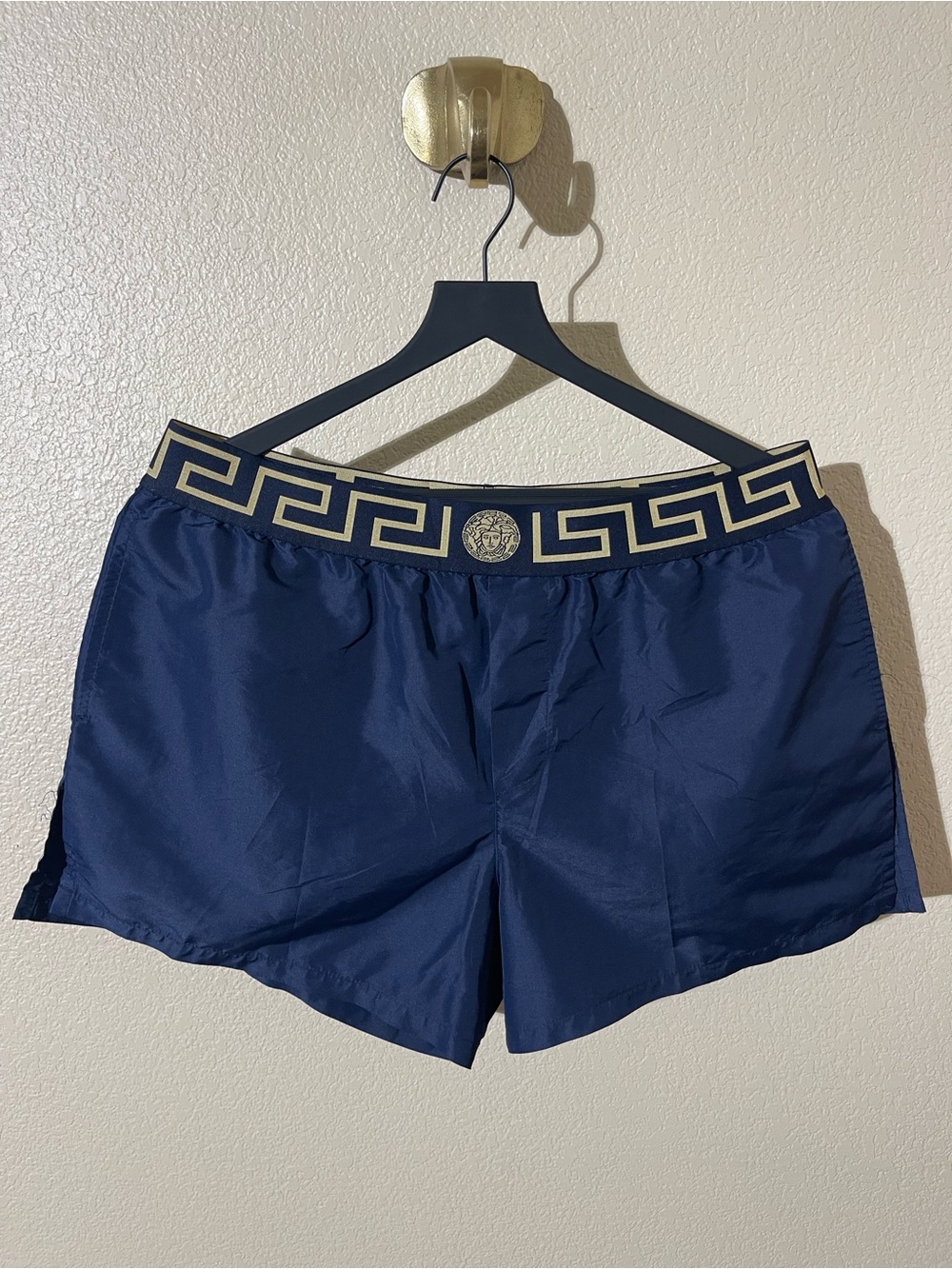 Versace Navy and Gold Barocco Swim Shorts with Sunflower Motif